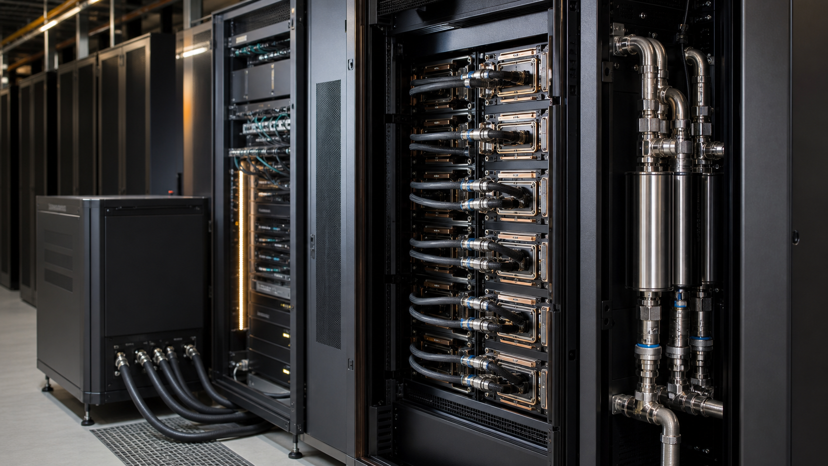 AI data hall with liquid-cooled racks, manifolds and coolant distribution units