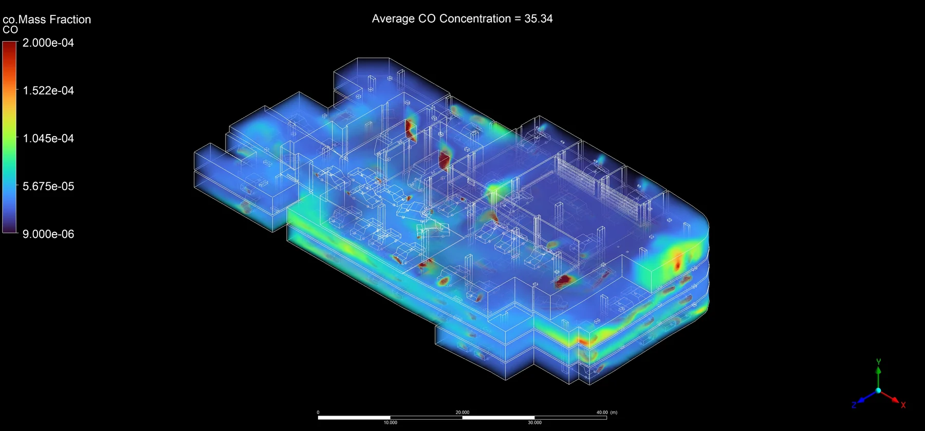 CO rendering across interconnected basements for the bedford car park CFD study
