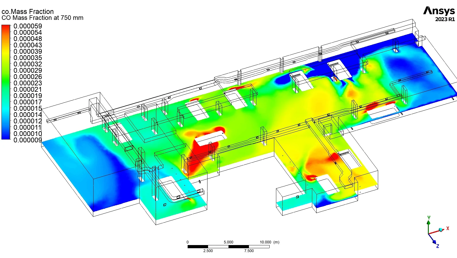 CO concentration at 750 mm for the switch car park CFD study