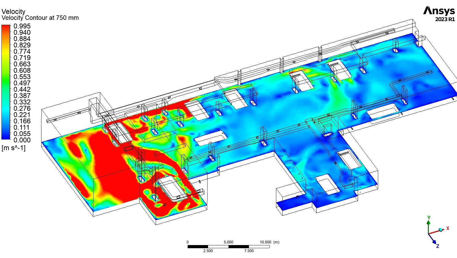 Velocity contour at 750 mm for the switch car park CFD study