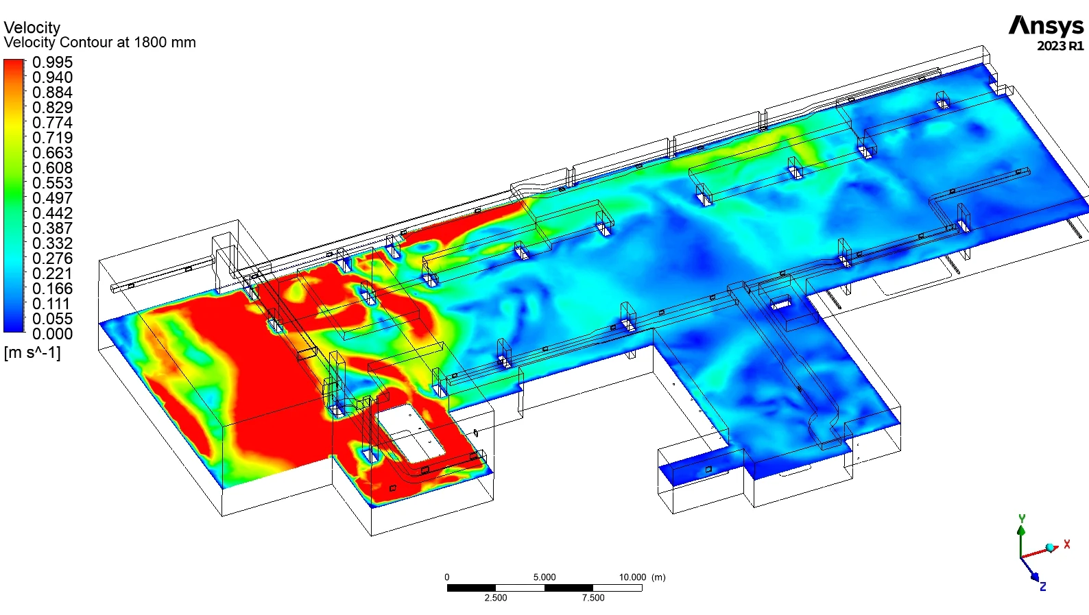 Velocity contour at 1800 mm for the switch car park CFD study